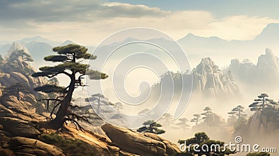 Mystical Oriental Mountain: Exotic Fantasy Landscape With Pine Trees Stock Photo