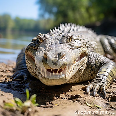 Lazy Afternoon: A Majestic Crocodile Basking in the Sun Stock Photo