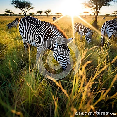 Zebras Grazing in Lush African Plain Stock Photo