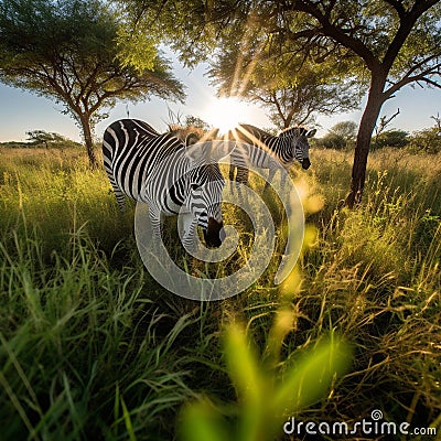 Zebras Grazing in African Sun Stock Photo