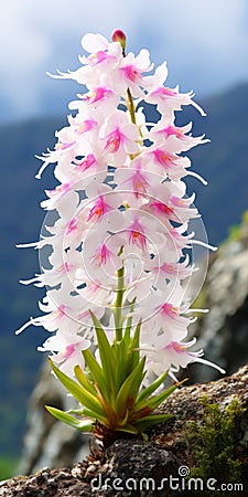 Stunning Pink Orchid Flower In Highland Scenery - Captivating Mountainous Vistas Stock Photo