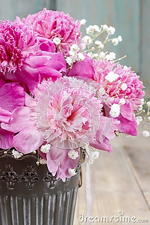 Stunning pink peonies in silver bucket Stock Photo