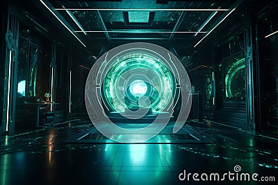 Stunning Platinum and Emerald Green Interior with Unique Neon Lights and Glowing Art Stock Photo