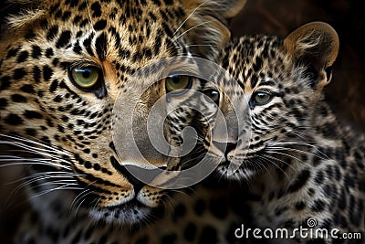 Stunning portrait of mother and baby leopard. Amazing wild life. Generative Ai Stock Photo