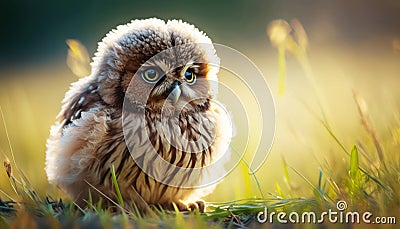 In Sun-kissed Meadow: Capturing the Innocence of a Beautiful Baby Owl in Summer Grass. Generative AI Stock Photo