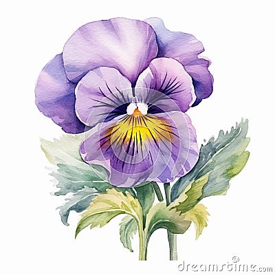 Realistic Pansy Flower Watercolor Image With Flat Brushwork Stock Photo