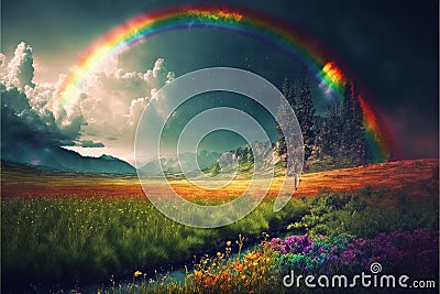 Stunning rainbow over beautiful meadow Stock Photo