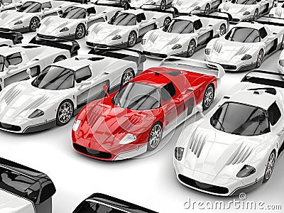 Stunning red modern concept sports car stands out in a sea of white sports cars Stock Photo