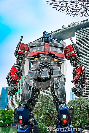 Stunning Rise Of The Beasts Transformers statues world tour on display by the Supertrees at the Silver Leaf Garden, Singapore. Editorial Stock Photo