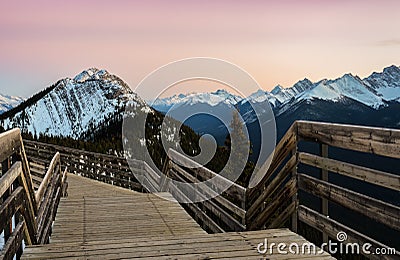 Sunset view of Banff Gondola Pathway on Sulphur Mountain at Banff National Park in Alberta, Canada Stock Photo