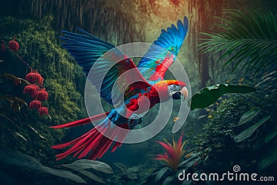Stunning Scarlet Macaw flying in lush jungle Stock Photo