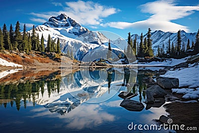 A stunning scene of a mountains majestic silhouette mirrored perfectly in the undisturbed stillness of a serene lake, Whistler Stock Photo