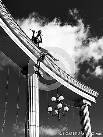 The stunning statue of a flutist in Irpin, Ukraine in black & white - Kyiv - Ukraine - Irpin Stock Photo