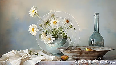 Serene Beauty: A Kitchen Still Life With Andrzej Sykut-inspired Vase And Daisies Stock Photo