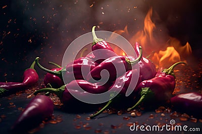 Fiery Hot Peppers surrounded by Smoke on Dark Background, Generative AI Cartoon Illustration