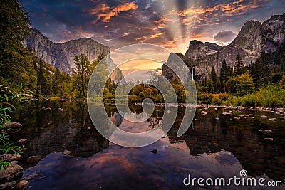 Stunning Sunrise Colors on Yosemite Valley View, Yosemite National Park, California Stock Photo