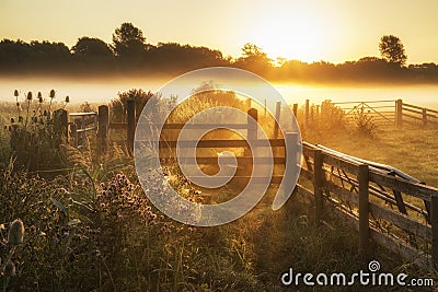 Stunning sunrise landscape over foggy English countryside with g Stock Photo