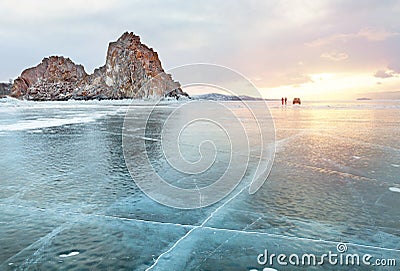 Stunning sunset above the frozen surface of the lake Baikal on the Olkhon iceland Stock Photo