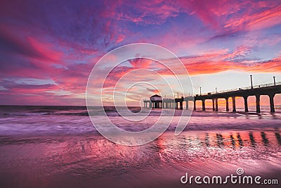 Stunning Sunset at Manhattan Beach Pier Stock Photo