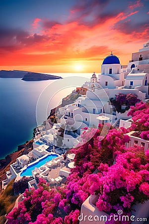 Stunning sunset Mediterranean Sea. Picturesque landscape of Santorini island, Greece Stock Photo