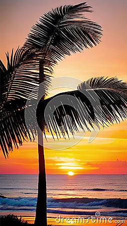 A stunning sunset over the ocean with palm trees silhouettes illustration Artificial Intelligence artwork generated Cartoon Illustration