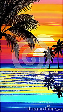 A stunning sunset over the ocean with palm trees silhouettes illustration Artificial Intelligence artwork generated Cartoon Illustration