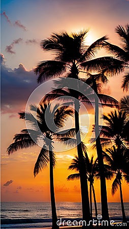 A stunning sunset over the ocean with palm trees silhouettes illustration Artificial Intelligence artwork generated Cartoon Illustration