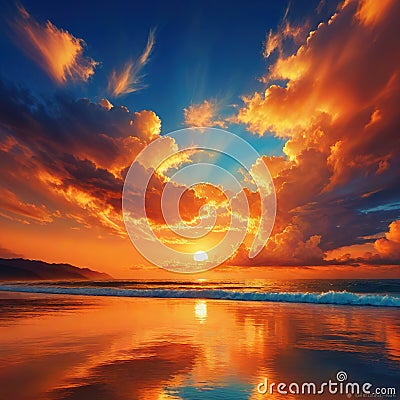 A stunning sunset painting the sky in shades of orange and casting a golden glow over the tranquil Cartoon Illustration