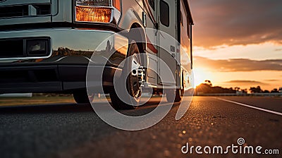 Stunning Sunset Rv Parked On Road: Realistic Hyper-detail Photography Stock Photo
