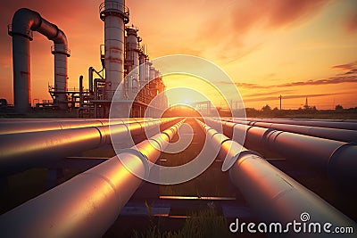 Stunning Sunset Scene Showcasing Pipeline and Pipe Rack in a Petroleum Industrial Plant. Generative AI Stock Photo