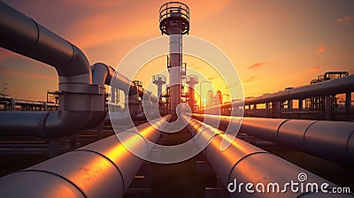 Stunning Sunset Scene Showcasing Pipeline and Pipe Rack in a Petroleum Industrial Plant. Generative AI Stock Photo