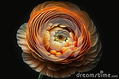 Beautiful orange ranunculus flower opening on black background Stock Photo