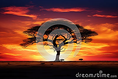 A stunning tree stands tall in the middle of a vast field, surrounded by the warm hues of a breathtaking sunset, The silhouette of Stock Photo