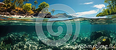 Turquoise Waters and Transparent Reef Snorkeling in the Exotic Island of Kioa in two world view with dome underwater photography Stock Photo