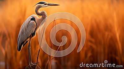 Stunning Uhd Image Of Blue Heron Perched On Grasses Stock Photo