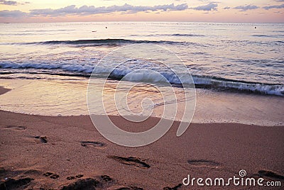 Stunning vibrant Gold sunrise on the sand beach .Orange sunrise color Stock Photo