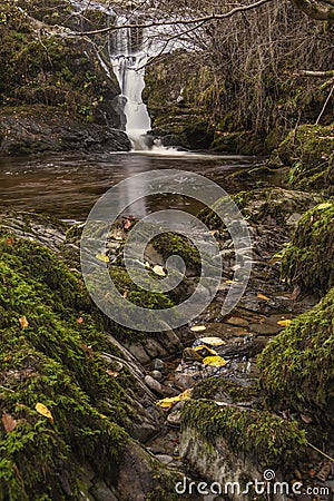 Stunning vibrant landscape image of Aira Force Upper Falls in Lake District during colorful Autumn showing Stock Photo