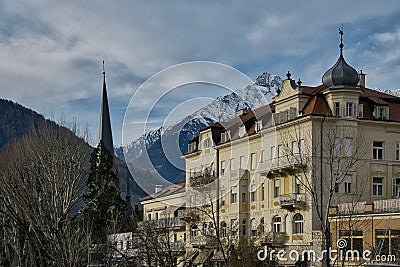 Stunning view of buildings in the charming town of Merano, South Tyrol, Italy Editorial Stock Photo