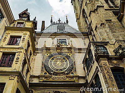Stunning view of Gros Horloge Great Clock, a 14th century astronomical clock located in the historic city center of Rouen, Norma Stock Photo
