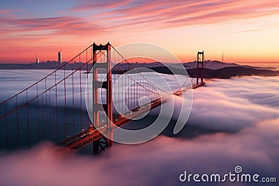 A stunning view of the iconic Golden Gate Bridge in San Francisco shrouded in a mysterious mist Cartoon Illustration