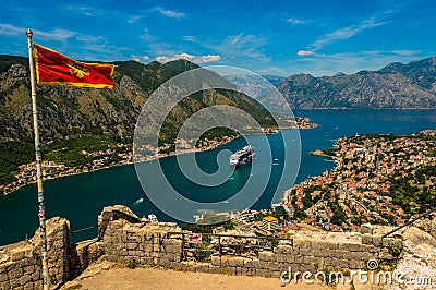 Stunning view of Kotor Bay, Montenegro, looking down from the top of the castle ruins Editorial Stock Photo
