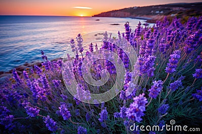 Lavender Fields by the Ocean Stock Photo