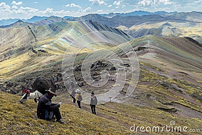 Stunning view at Palccoyo rainbow mountain Vinicunca alternative, mineral colorful stripes in Andean valley, Cusco, Peru, South Editorial Stock Photo