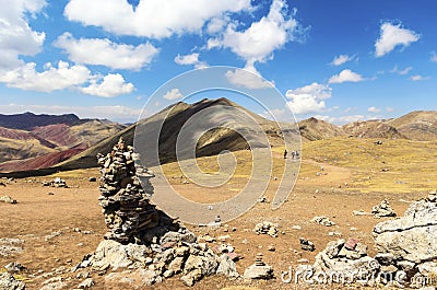 Stunning view at Palccoyo rainbow mountain Vinicunca alternative, mineral colorful stripes in Andean valley, Cusco, Peru, South Editorial Stock Photo