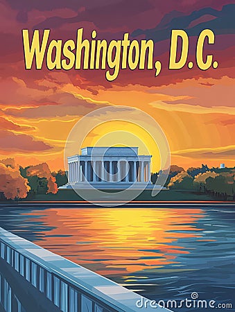 Experience the charm of Washington D C with a vibrant sunset over the Lincoln Memorial and tranquil waters reflecting the skyline Stock Photo