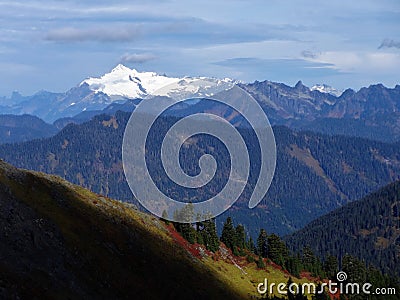 A stunning view of snow covered Mount Shuksan from the top of Sauk Mountain Stock Photo