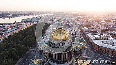 Isaac`s cathedral at dawn, aerial view. Historical city center. Stock Photo