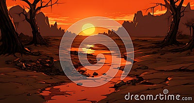 A stunning view of a sunlit horizon over a desert landscape with silhouettes of bare trees Cartoon Illustration