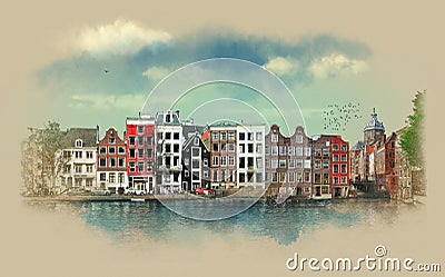 Stunning views from streets, old buildings, canals, Embankments of Amsterdam. The Netherlands. Watercolor sketch. Cartoon Illustration