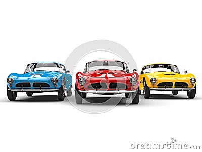 Stunning vintage sports cars in bright red, blue and yellow colors Stock Photo